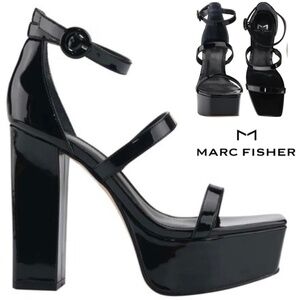Marc Fisher Frita Black Patent Block Heel Platform Sandal Strappy Heeled Pumps 9
